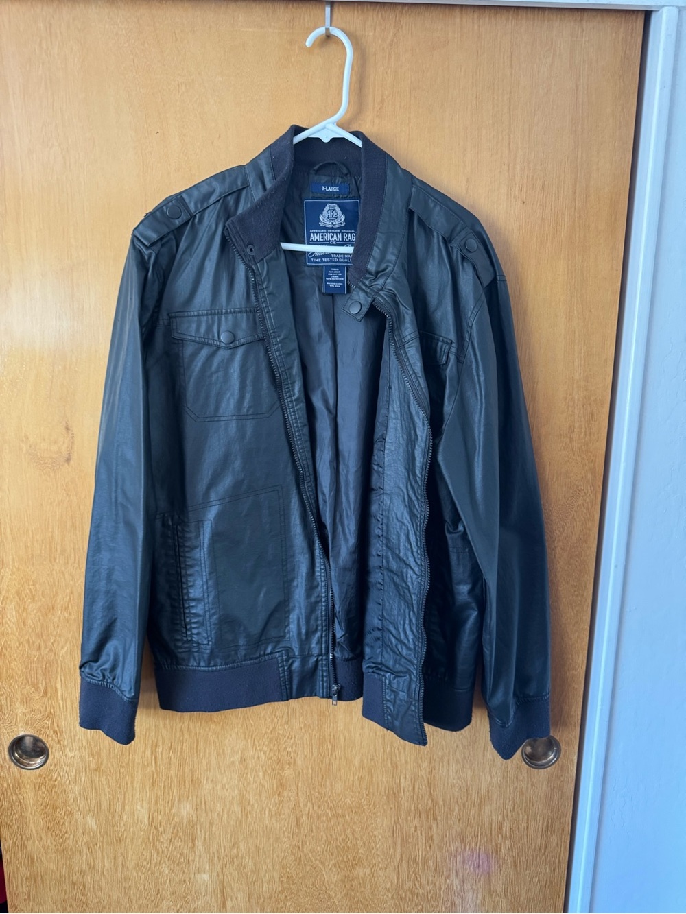 American Rag Black Faux Waxed Canvas Bomber Jacket with Ribbed Trim